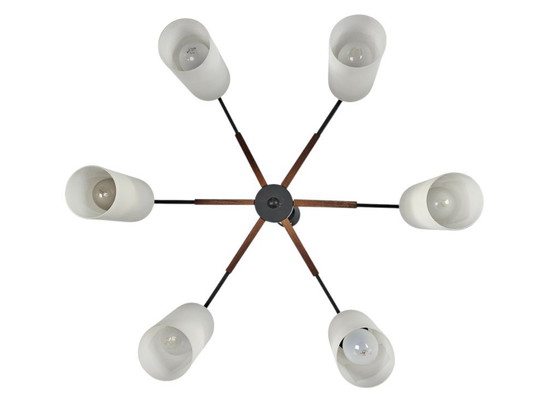 Image 1 of Vintage - Denmark - 6-armed ceiling lamp - teak - metal - opal glass - 60's