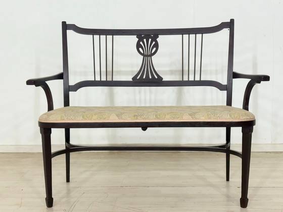 Image 1 of Originele Thonet-bank circa 1900 – Art Nouveau/Weense bank met messing rugleuning.