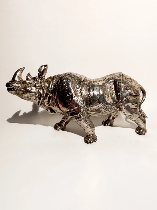 80s Silver-plated Metal Rhinoceros Sculpture – beeldhouwkunst