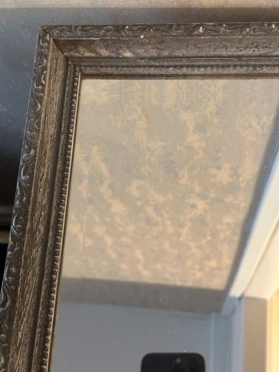 Antique Beveled Mirror, Anthracite Molded Wood Frame H 30/W25 cm, Glass, Grey, Vintage (photo 5 of 12)