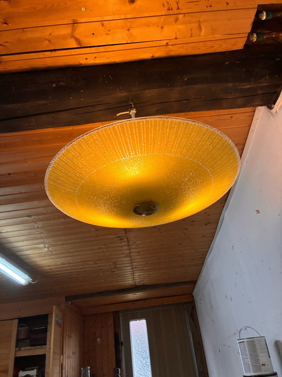 Vintage Mid-Century Glass Ceiling Light with White Rod (3 Light Points), DDR / Space Age, Metal, Gold (photo 5 of 6)
