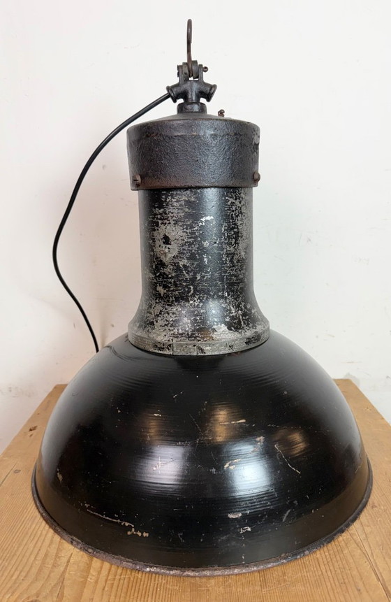 Image 1 of Large Industrial Factory Black Pendant Lamp with Cast Iron Top, 1950s