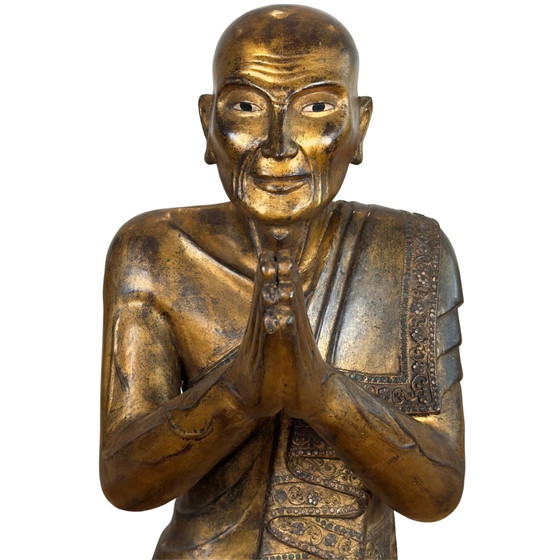 Par de monjes birmanos dorados Sariputta y Moggallana dignos de museo – Esculturas, Iron (photo 11 of 11)