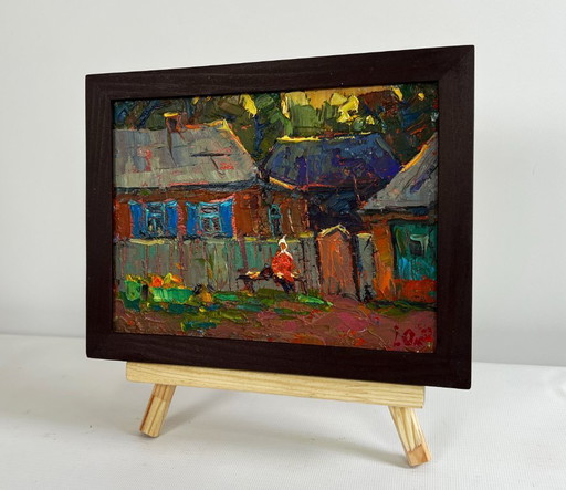 Original Oil Painting Evening Village Landscape Evening silence in the village