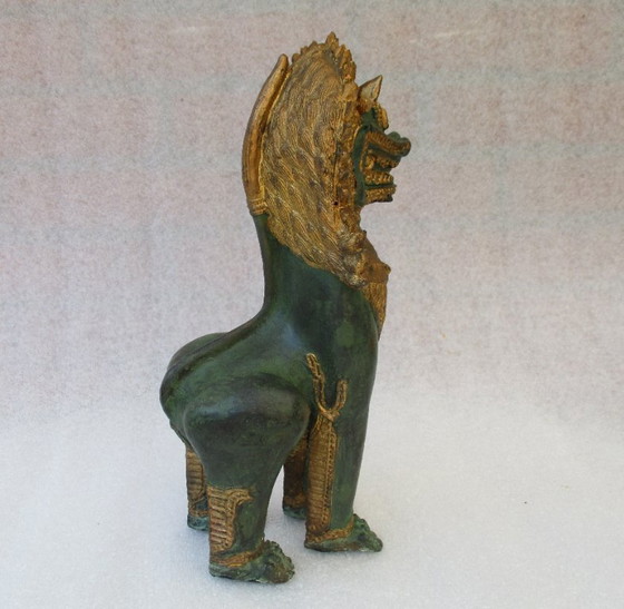 Image 1 of Perro Foo, Latón Dorado Grande 29 Cm, León Khmer / Singha - Altamente Detallado Y Ornamentado