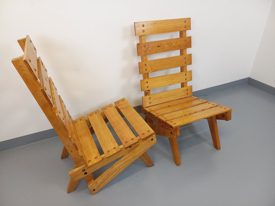 Image 1 of Pair of Vintage 60's Wooden Brutalist Slatted Chauffeured Armchairs