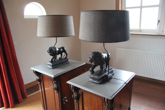 Image 1 of 2 bijzondere vintage tinkleurige tafellampen met leeuwen voet 