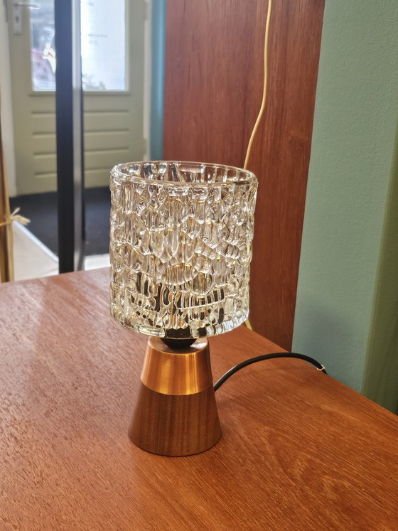 Image 1 of Vintage Glass Table Lamp Wooden Copper Base