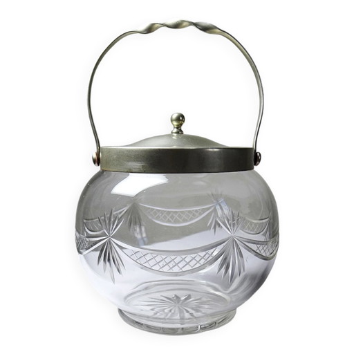 Pot/bol avec motif bulle, cristal ancien gravé de Bohême et métal argenté