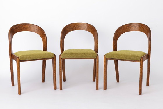Image 1 of Set of 6 Mid Century Dining Chairs, Baumann Gondola Chairs 1970s, Oak Wood Chairs with Green Upholstery, Vintage German Dining C
