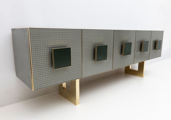 Image 1 of Buffet de bar italien postmoderne en verre coloré et laiton, années 1980