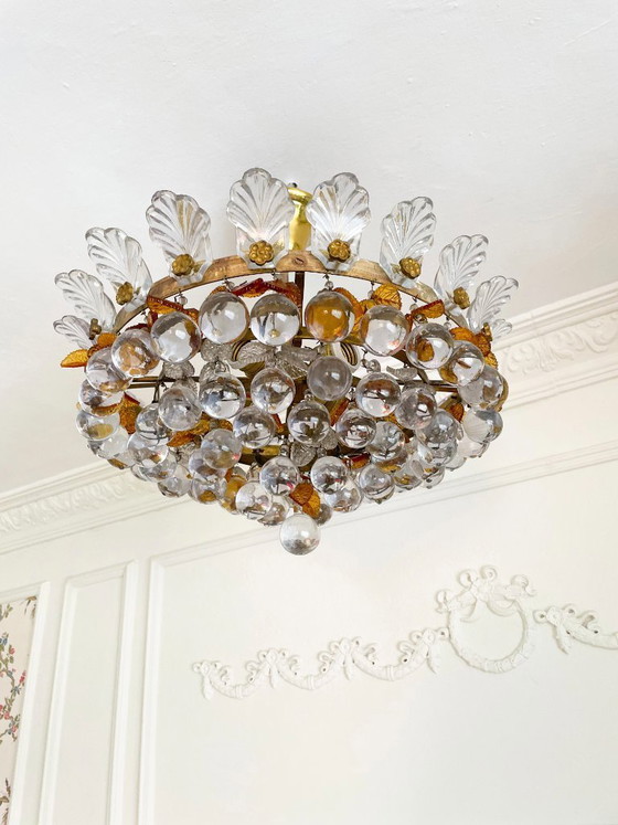 Image 1 of 1960s Murano Glass Chandelier, Orange & Clear Glass Leaves, Solid Brass Spanish Vintage Ceiling Light