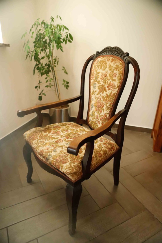 Image 1 of Antique Queen Anne Revival Carver Armchair with Floral Tapestry Upholstery 