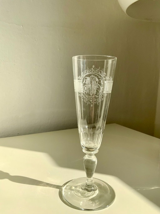 Bicchiere da vino/champagne in cristallo antico inciso a mano - Monogrammato - Circa 1900