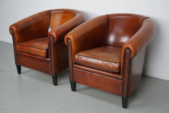 Image 1 of Vintage Nederlandse cognackleurige leren clubfauteuils, set van 2