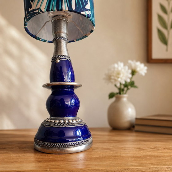 Image 1 of Vintage blue table lamp with botanical lampshade