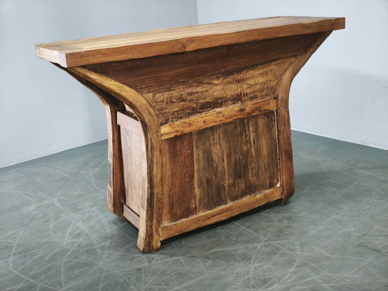 Console en Bois Massif Rustique Asiatique des Années 70, Buffet Primitif Sculpté à la Main, Marron (photo 7 sur 14)
