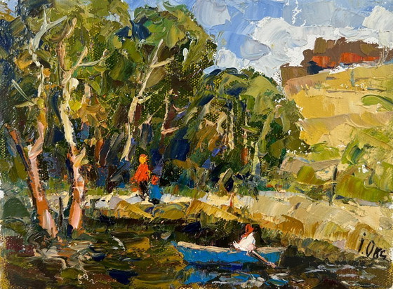 Image 1 of Original Oil Painting Summer Coastal Landscape Family vacation on the lake