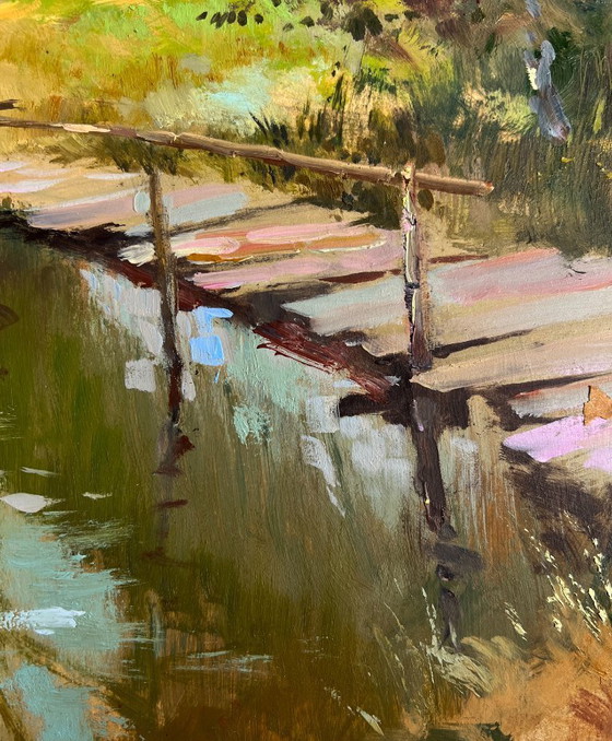 Image 1 of Original Oil Painting Nature River Landscape The Road Leading Home