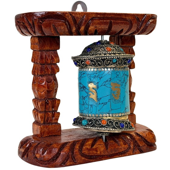 Roue de prière tibétaine Mani vintage dans cadre en bois – Circa 1980s – Objets déco, Wood, Metal (photo 2 of 9)