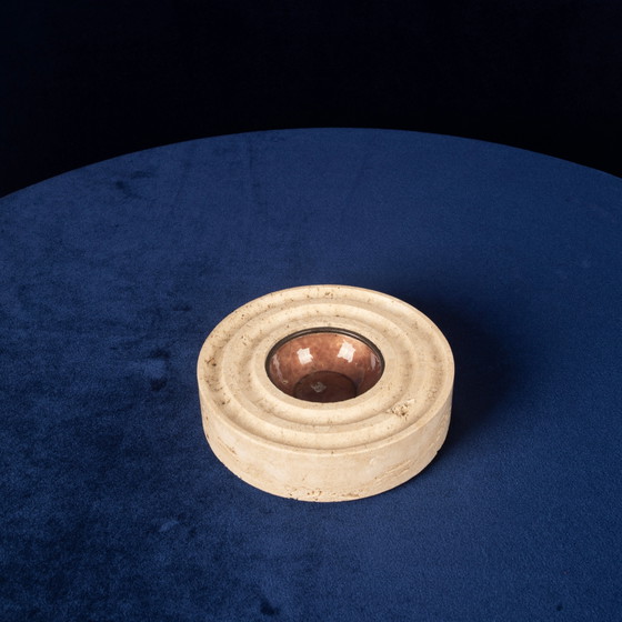 Italiaanse ronde asbak van travertin en koperkleurig metaal, 1970 – Tafelaccessoires, Italian Design (photo 12 of 18)