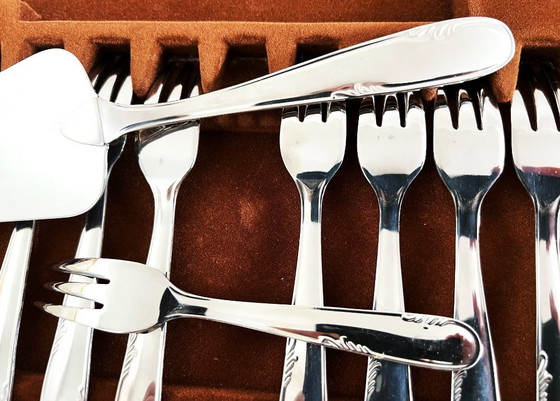 Image 1 of Scatola da 12 forchette in acciaio inossidabile e 1 cucchiaio da dessert degli argentieri Devouge Dupont