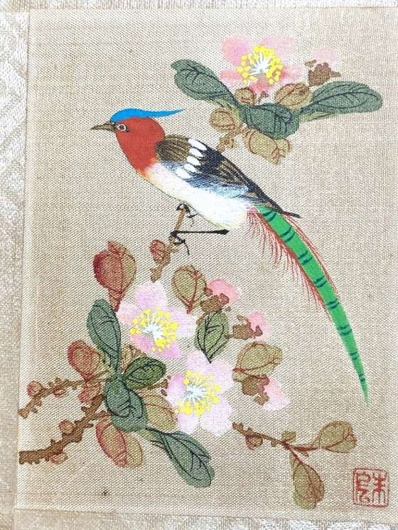 Image 1 of Chinesische Seidenmalerei, 1930, Volkskunst, Orientalische Bienenfresser, Signiert