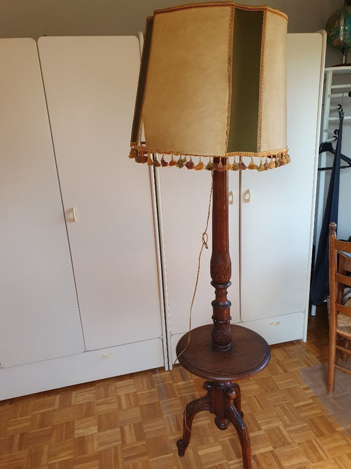 Lampadaire vintage avec table - Bois sculpté – vloerlampen, Textile, Wood