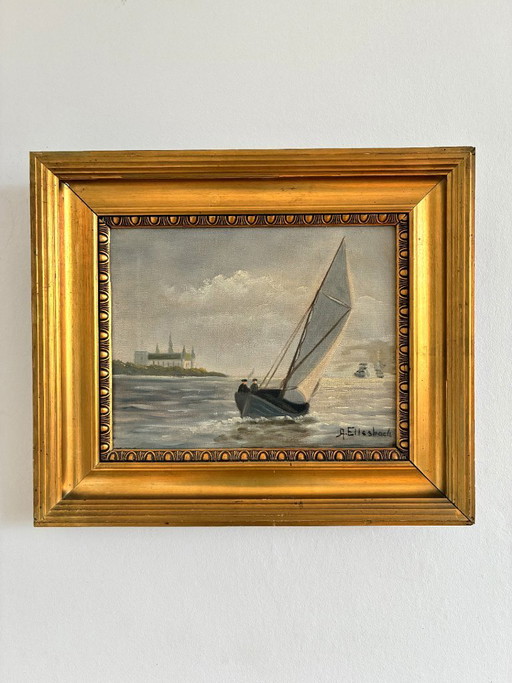 Vintage Signed Sailing Ship Seascape Oil Painting – schilderijen tekeningen, Canvas