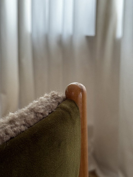 Image 1 of 2 x Luxury Reupholstered Ottens & Arndt Chairs - Natural Sheepskin & Green Velvet.