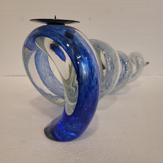 Image 1 of Pair of blue spiral candlesticks, glass, 80's - France
