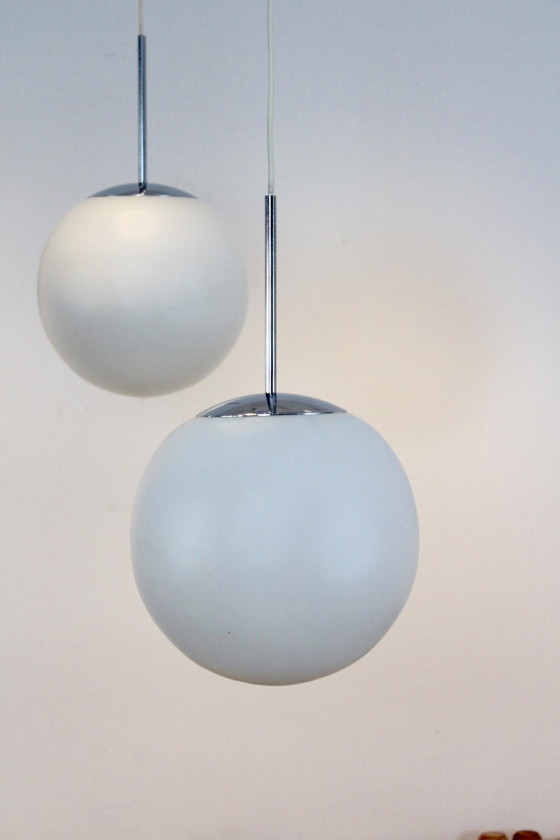 Chrome and Opal Glass Bubble Pendants by Peill & Putzler, designed by Wilhelm Wagenfeld, Pendant lamps, White (photo 7 of 12)