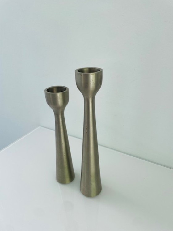 Image 1 of Scandinavian candlesticks of brushed steel – set of two