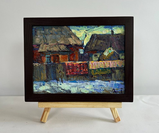 Original Oil Painting Winter Village Landscape Sunset behind the rooftops