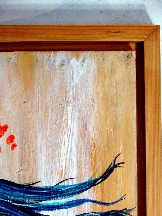 Gemälde Frau mit blauen Haaren und Vögeln, Gemälde & Zeichnungen, Holz, Leinwand, Gelb, Figuratief (Foto 9 von 10)