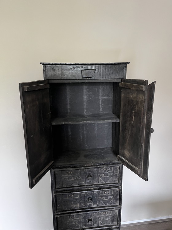 Image 1 of Vintage hand-carved black wooden chest 