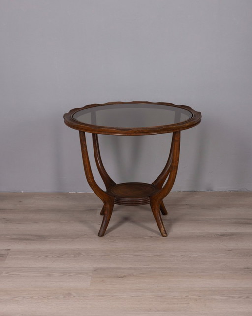 Tavolino da caffè vintage anni '50 in legno e vetro, design italiano.