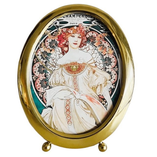 Dipinto vintage Art Nouveau di Alphonse Mucha Champenois Hallmark cornice ovale in ottone degli anni '60