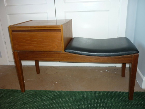 Vintage Teak Telephone Bench Unit with Vinyl Seat, 1960s – Benches (photo 4 of 5)