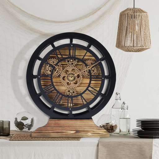 Lafocuse 10 Inch Real Moving Gears Wall Clock with a Detachable Base, 2 in 1 Black Chimney Clocks Wooden Vintage, Farmhouse