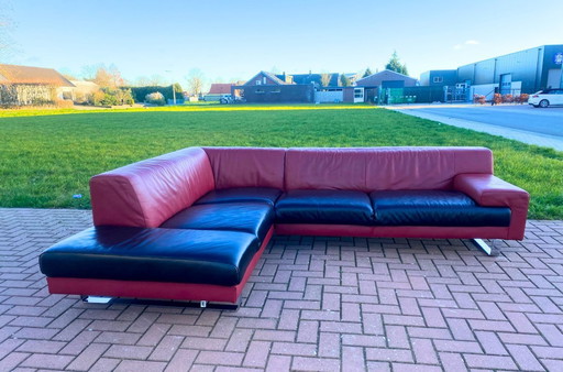 Divano angolare Montel in vera pelle rossa e nera