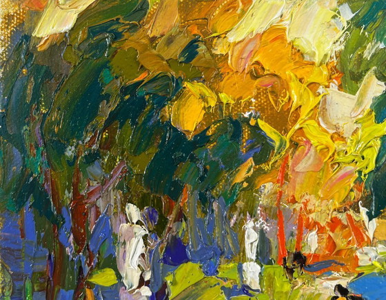 Image 1 of Peinture à l'huile originale représentant un paysage d'arbres d'été dans une allée du parc