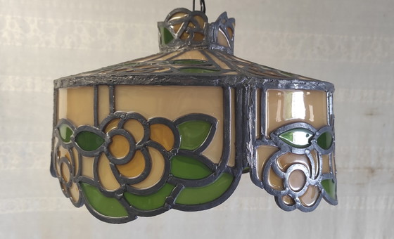 Image 1 of Hanglamp van glas en lood in Tiffany-stijl - midden 20e eeuw