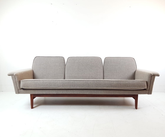 Image 1 of Set di divani vintage in legno di teak | divano + 2 poltrone in lana beige De Ploeg