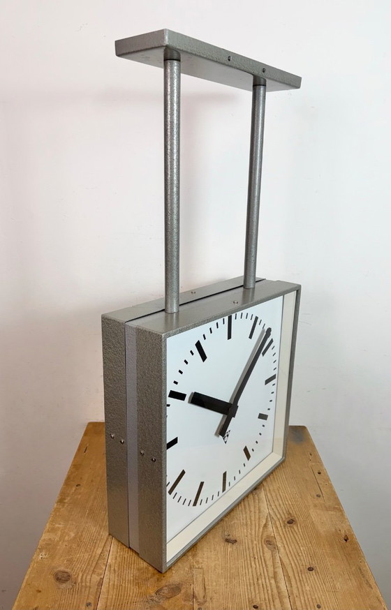 Image 1 of Large Square Industrial Double-Sided Factory Clock from Pragotron, 1960s