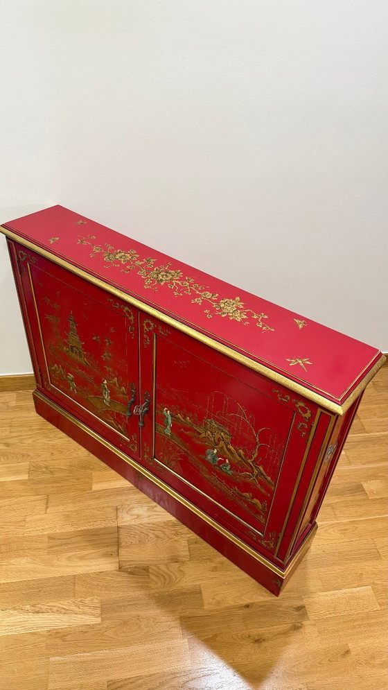 Meuble Console Mince Chinoiserie Vintage, Laqué à la Main (Années 1970), Buffet bas, Bois, Métal, Rouge (photo 7 sur 15)
