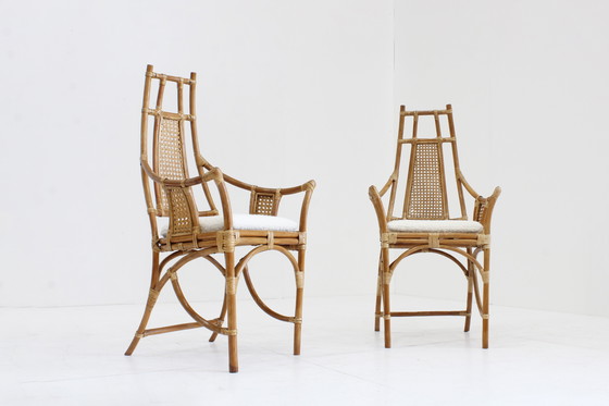 Image 1 of Fauteuils vintage en rotin avec coussins bouclés 1970