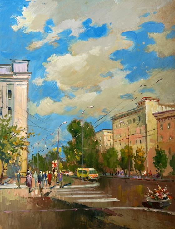Image 1 of Pintura al óleo original Paisaje urbano de verano Ritmo veraniego de la ciudad