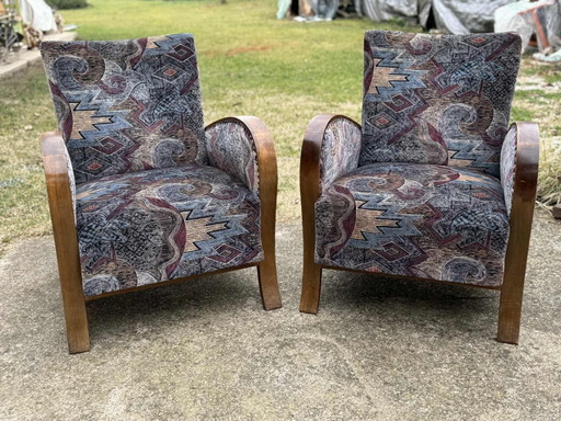 Art Deco Lounge Chairs with Curved Wooden Arms, 1930s, Set of 2