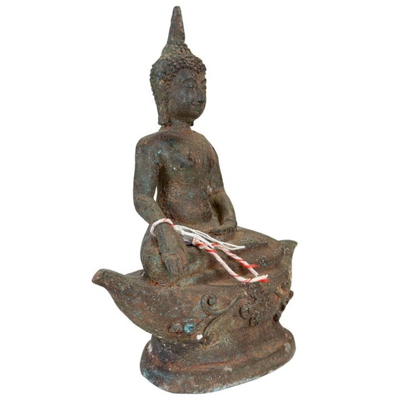 Antieke Thaise Bronzen Boeddha op Lotusvoet – Diepe Patina – Originele Kernvulling – Exportlabel (photo 2 of 14)